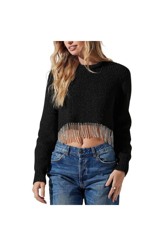 the Label Palmer Rhinestone Fringe Sweater Black Size XS