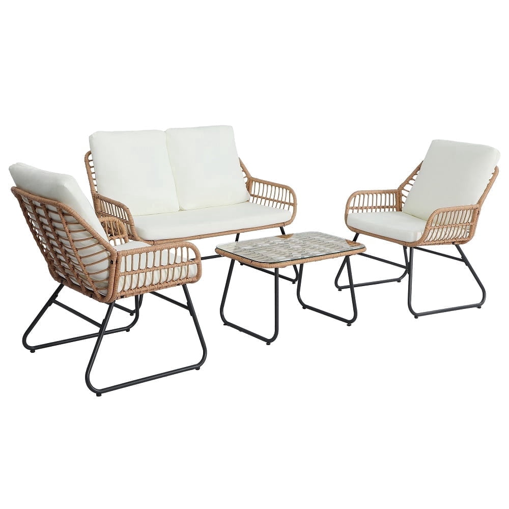 AstrPthylx 4-Piece Rattan Patio Set - All-Weather Outdoor Conversation Furniture with Tempered Glass Table & Quick-Dry Cushions for Garden, Porch, Balcony