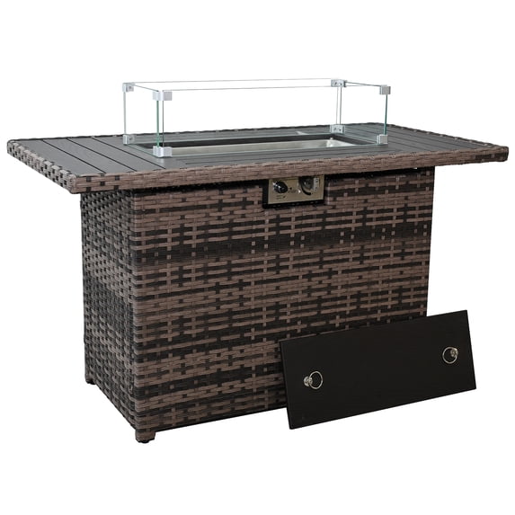 AstrPthylx 44-Inch Propane Fire Pit Table, Steel Gas Fire Feature with Iron Lid, Glass Rock, Rain Cover & Wind Guard for Patio, Backyard, Deck-Gray