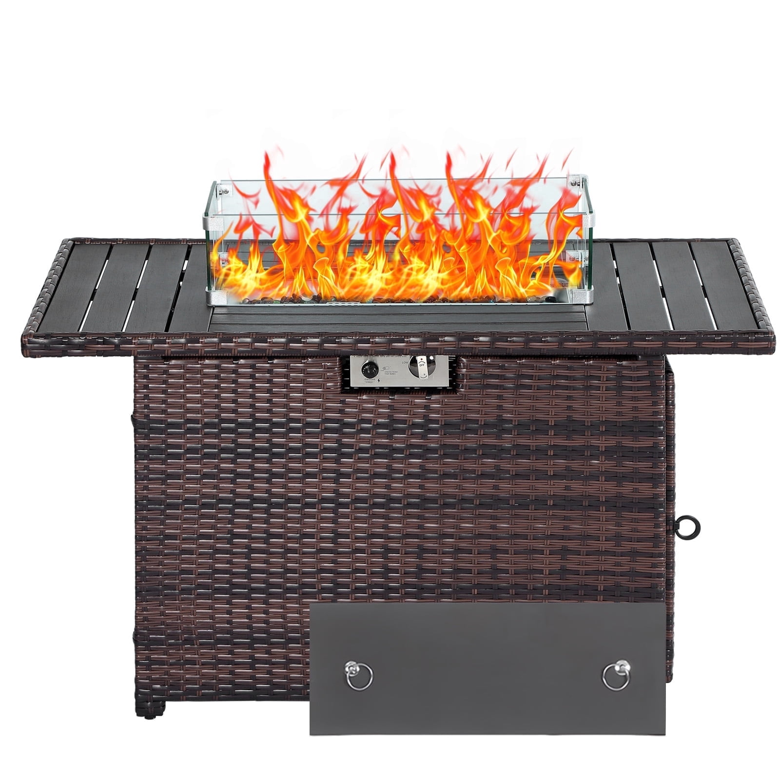 AstrPthylx 44-Inch Propane Fire Pit Table, Steel Gas Fire Feature with Iron Lid, Glass Rock, Rain Cover & Wind Guard for Patio, Backyard, Deck-Brown