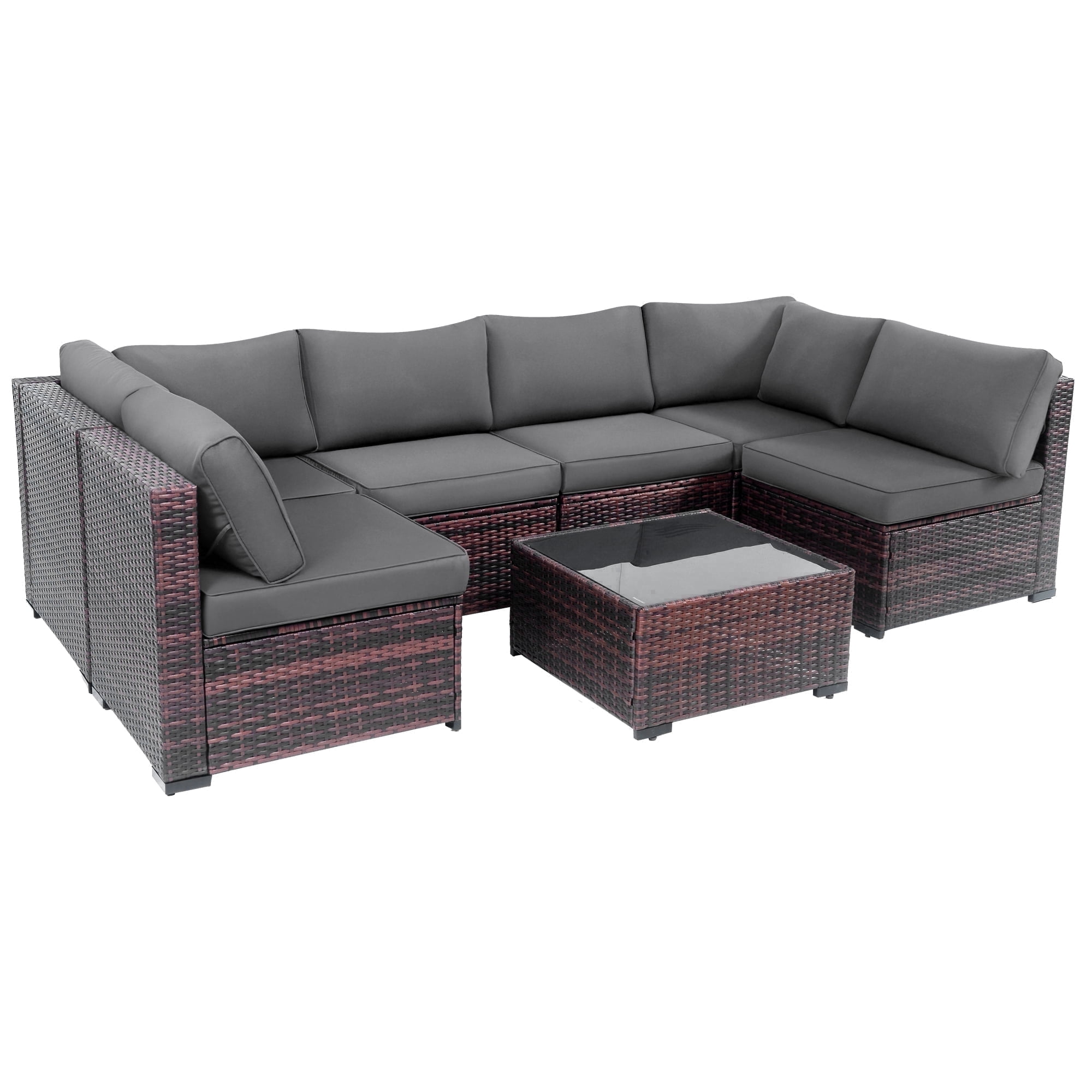 AstrPthylx 7-Piece Patio Sectional Set with Coffee Table, All-Weather Outdoor PE Rattan L-Shaped Sofa and Cushions for Garden, Backyard (Grey)