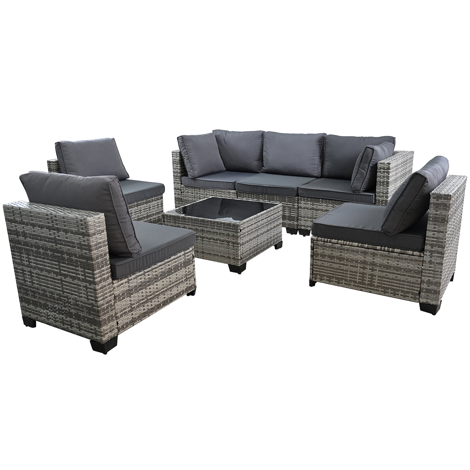AstrPthylx 7-Piece Patio Sectional Set with Coffee Table, All-Weather Outdoor PE Rattan L-Shaped Sofa & Cushions for Garden, Backyard (Dark Gray)