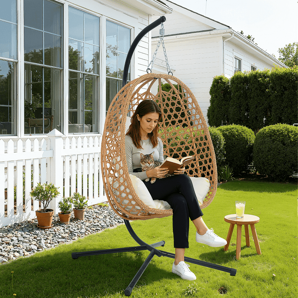 AstrPthylx Hanging Egg Chair with Stand - All-Weather Rattan Swing Chair & Cushions for Patio, Balcony, Garden, 350lb Capacity (Beige)