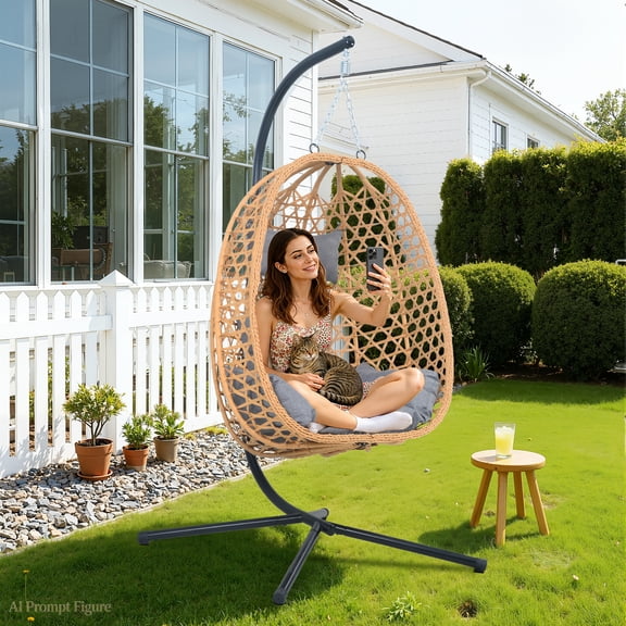 AstrPthylx Hanging Egg Chair with Stand - All-Weather Rattan Swing Chair & Cushions for Patio, Balcony, Garden, 350lb Capacity (Grey)