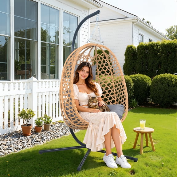 AstrPthylx Hanging Egg Chair with Stand - All-Weather Rattan Swing Chair & Cushions for Patio, Balcony, Garden, 350lb Capacity (Grey)