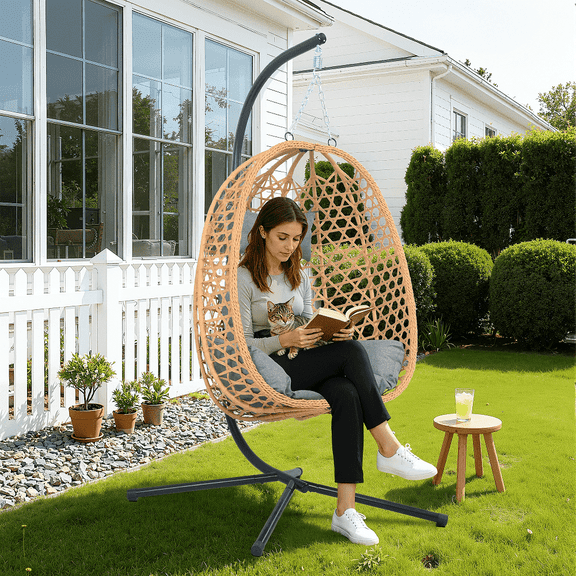 AstrPthylx Hanging Egg Chair with Stand - All-Weather Rattan Swing Chair & Cushions for Patio, Balcony, Garden, 350lb Capacity (Grey)