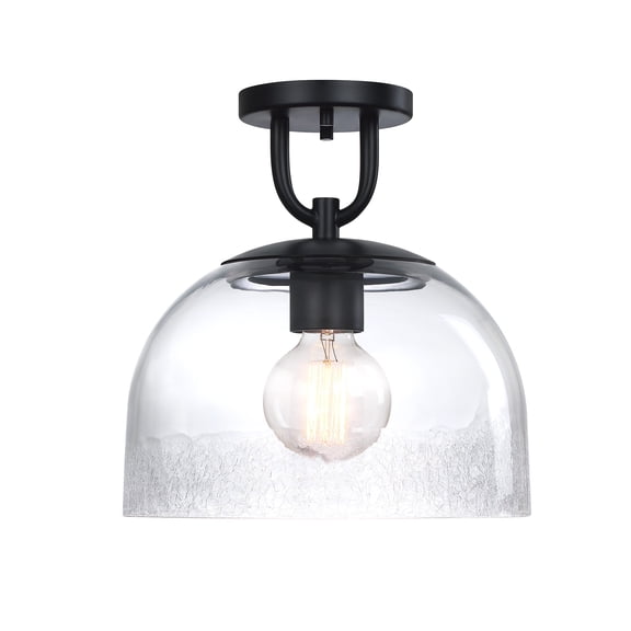 Astra 11.75 in. Matte Black Modern Semi-Flush Mount with Clear Ice Glass Shade for Hallways