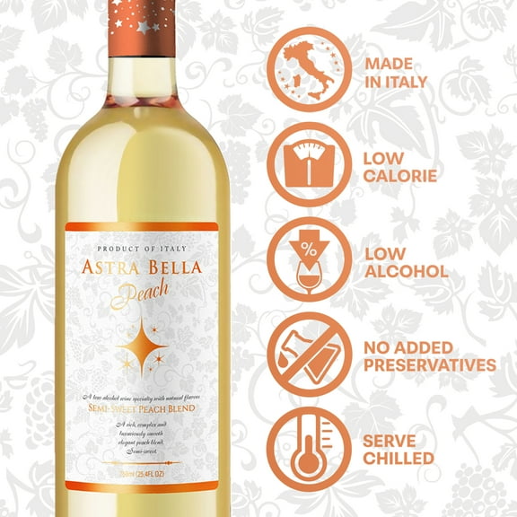 Astra Bella Semi-Sweet Peach, Italian Blend 750 ml Glass Bottle, 5.5% ABV