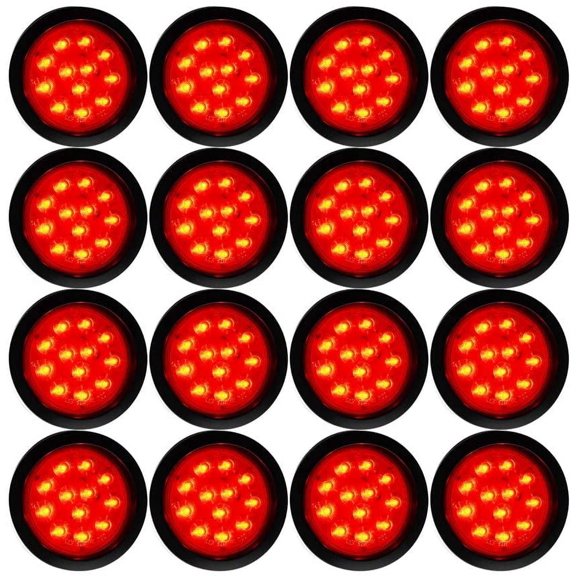 Astra Depot 16pcs RED 4" Round 12-LED Brake Stop Tail Light Kit Grommet Wiring Plug Clear Lens Trailer UTE UTV RV Truck