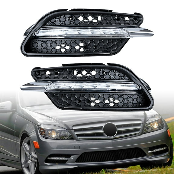 Astra Depot 2pcs Front Bumper White LED DRL Daytime Running Light Fog Lamps Bezel for Mercedes W204 C-Class AMG Sport 2008-2011