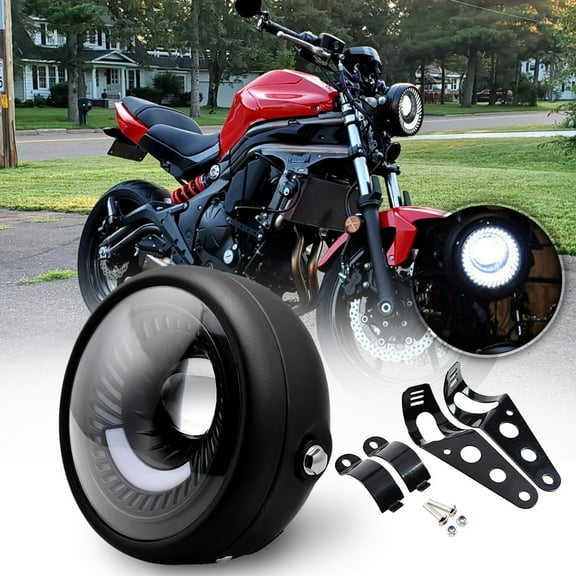 Astra Depot 6.5 inch Motorcycle Headlight Halo Ring Assembly with Side Mounting Bracket, 23W CREE XM-L LED Bulb 12V 6000K White Cafe Racer