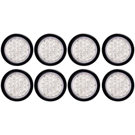 Astra Depot 8pcs Clear Lens 4" Round 24-LED White Backup Reverse Tail Light Fit Cargo Semi Trailer Container Tractor Truck Bus Lorries