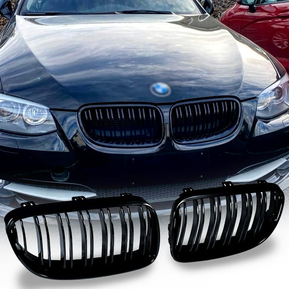 Astra Depot Gloss Black Double Line Front Kidney Grille Grill for 2011-2013 BMW E92 E93 328i 335i Coupe LCI (1 Pair)
