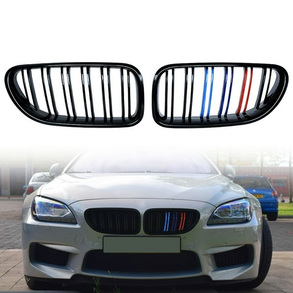 Astra Depot Gloss Black M-Color Stripes Front Kidney Grill Double Line Inserts for BMW M6 F06 F12 F13 640i 650i 2012-2018