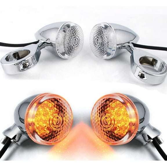 Astra Depot Motorcycle Front Rear LED Turn Signal Fog Lights W/ Relocation 41mm Fork Tube Clamp Kit Chrome, 4pcs