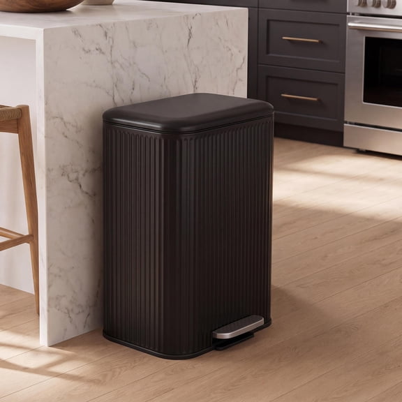 Astra Ribbed Rectangular 13.2 Gallon (50L) Step Pedal Trash Can with Soft-Close Lid, Charcoal Black
