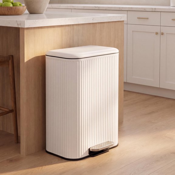 Astra Ribbed Rectangular 13.2 Gallon (50L) Step Pedal Trash Can with Soft-Close Lid, Limestone Beige