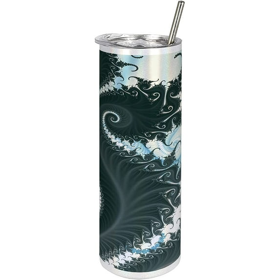 Astral 20 Oz Skinny Tumbler, Abstract Fractal Inspired Motif with Swirls, Leak-Proof Straw Lid and Brush Vacuum Insulated for Outdoor Use, Ivory Dark Reseda Green