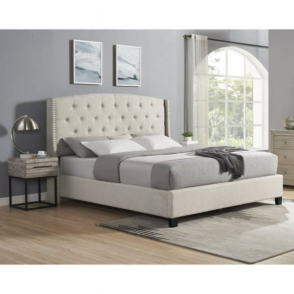 [Luckynote]Astral 3-Piece Upholstered Bedroom Set, Tufted Wingback Bed with Two Gray Nightstands