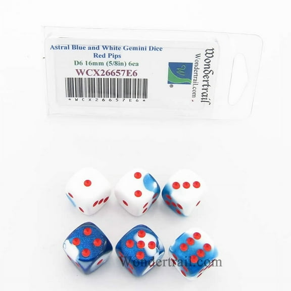 Astral Blue and White Gemini Dice with Red Pips D6 16mm (5/8in) Pack of 6 Wondertrail