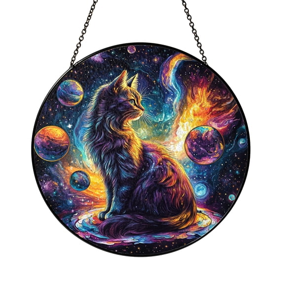 Astral Cat Stained Glass Window Hanging – Galaxy Theme Home Accent Decor