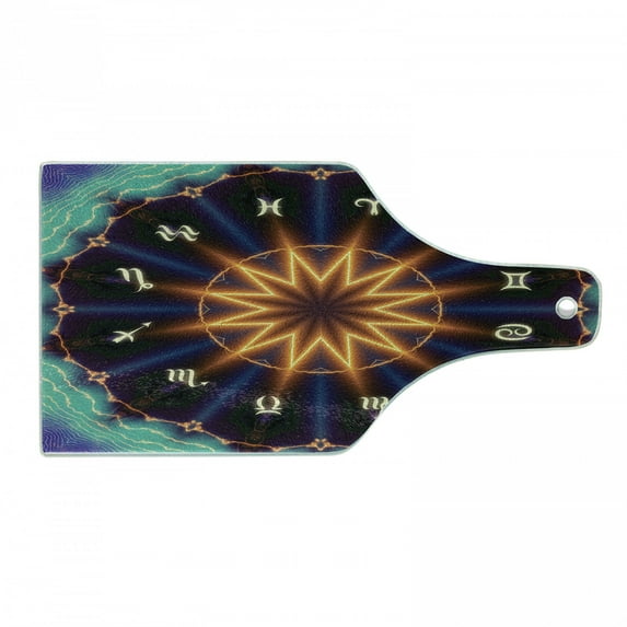Astral Cutting Board, Horoscope Wheel with Sun Center and Zodiac Signs Mystic Illustration, Decorative Tempered Glass Cutting and Serving Board, in 3 Sizes, by Ambesonne
