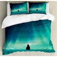 thumbnail image 1 of Astral Duvet Cover Set, Aurora Borealis Sky and Landscape of a Single Rock, Decorative 3 Piece Bedding Set with 2 Pillow Shams, Queen Size, Turquoise Petrol Blue, by Ambesonne, 1 of 3