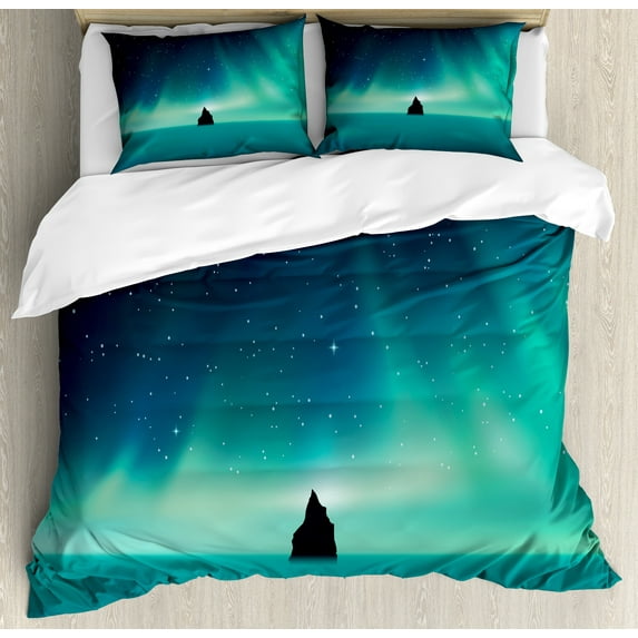 Astral Duvet Cover Set, Aurora Borealis Sky and Landscape of a Single Rock, Decorative 3 Piece Bedding Set with 2 Pillow Shams, Queen Size, Turquoise Petrol Blue, by Ambesonne