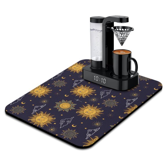 Astral Eclipse Dish Drying Mat, Leak-Proof Absorbent Coffee Bar Mat with Mystical Star & Solar Elements, Non-Slip Kitchen Counter Mat for Coffee Lovers