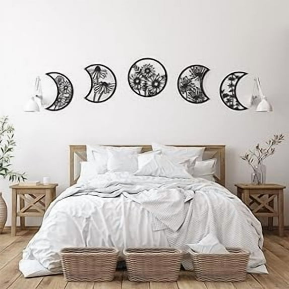 5 Pcs Moon Phase Wall Hanging Decor Art Above Bed Boho Moon Phase Nordic Wood Wall Pediment Ornament for Living Room Bedroom Home Decoration Room Apartment Bar(Black)