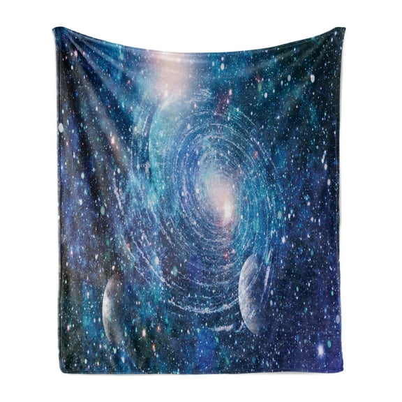 Astral Soft Flannel Fleece Blanket, Nebula Helix with Lots of Stars and Planets Outer Space Themed Print, Cozy Plush for Indoor and Outdoor Use, 70" x 90", Dark Sky Blue Multicolor, by Ambesonne