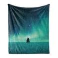 thumbnail image 1 of Astral Soft Flannel Fleece Throw Blanket, Aurora Borealis Sky and Landscape of a Single Rock, Cozy Plush for Indoor and Outdoor Use, 70" x 90", Turquoise Petrol Blue, by Ambesonne, 1 of 5