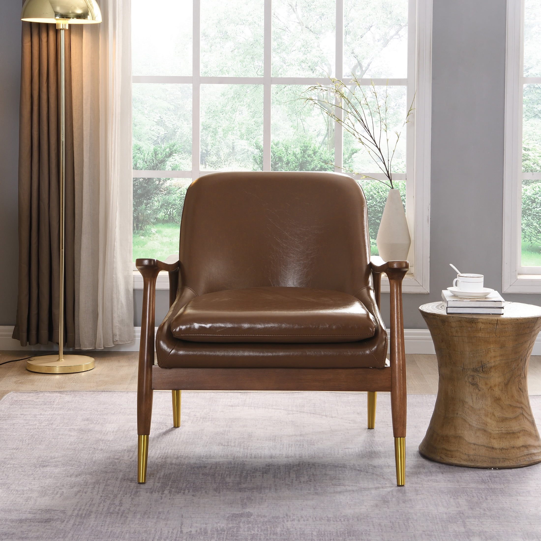 Astrid Mid-Century Modern Faux Leather Accent Chair, Solid Wood Frame with Brass-Tipped Legs, Cognac Brown