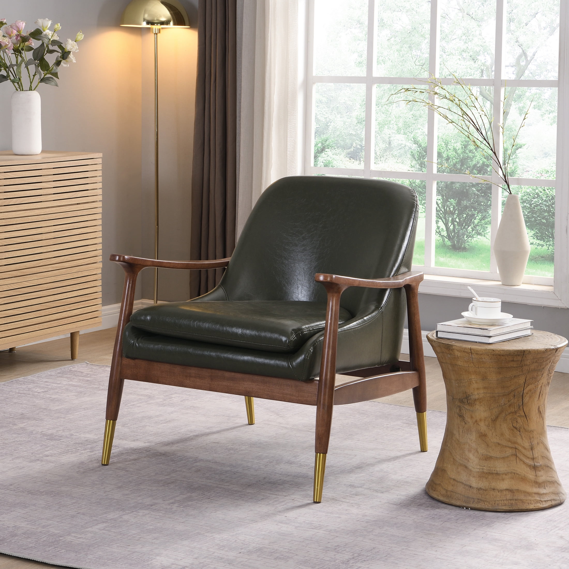 Astrid Mid-Century Modern Accent Chair With Faux Leather Upholstery, Solid Wood Frame, Brass-Tipped Legs, Wasabi Green