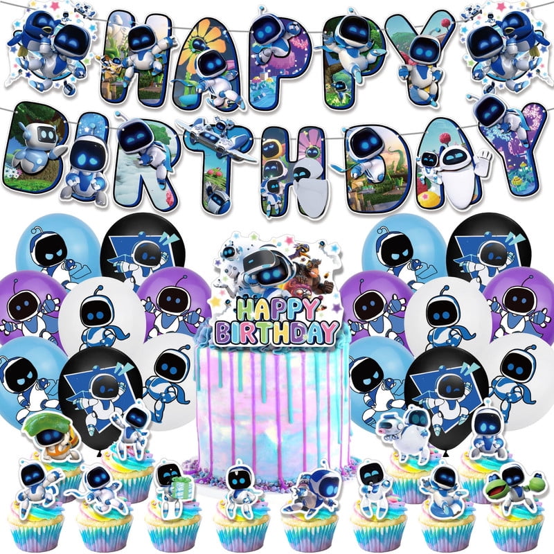 Astro Bot Birthday Party Decorations, Astro Bot Birthday Party Supplies Set for Kids Includes Happy Birthday Banner, Latex Balloons, Cake Topper, Cupcake Toppers-Chengyu