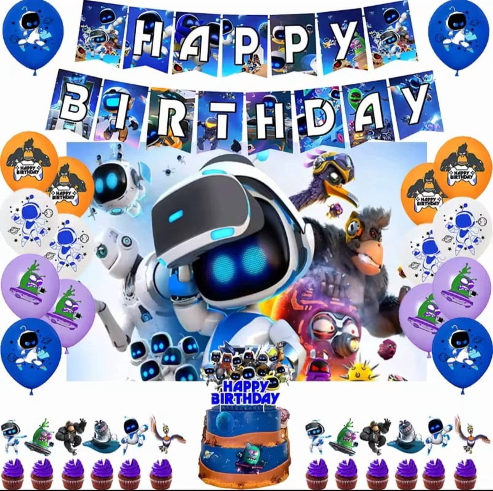 Astro Bot Birthday Party Decorations, Backdrop, Happy Birthday Banner, Latex Balloons, Cake Topper, Cupcake Toppers Video Game Decor-Chengyu