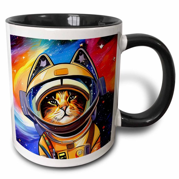 3drose, Astro-cat in Spacesuit. Explore the Space. Funny Digital Art Gift, 11oz Two-tone Black Mug