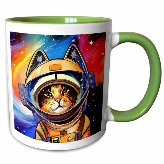 3drose, Astro-cat in Spacesuit. Explore the Space. Funny Digital Art Gift, 11oz Two-tone Green Mug