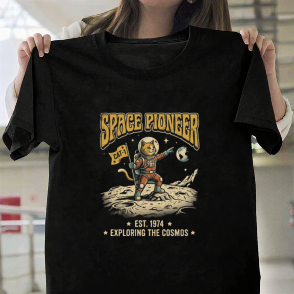 Astro Crew Space Cat Riding Rocket Retro Vintage Cosmic Feline Unisex T-Shirt, up to size 3XL.