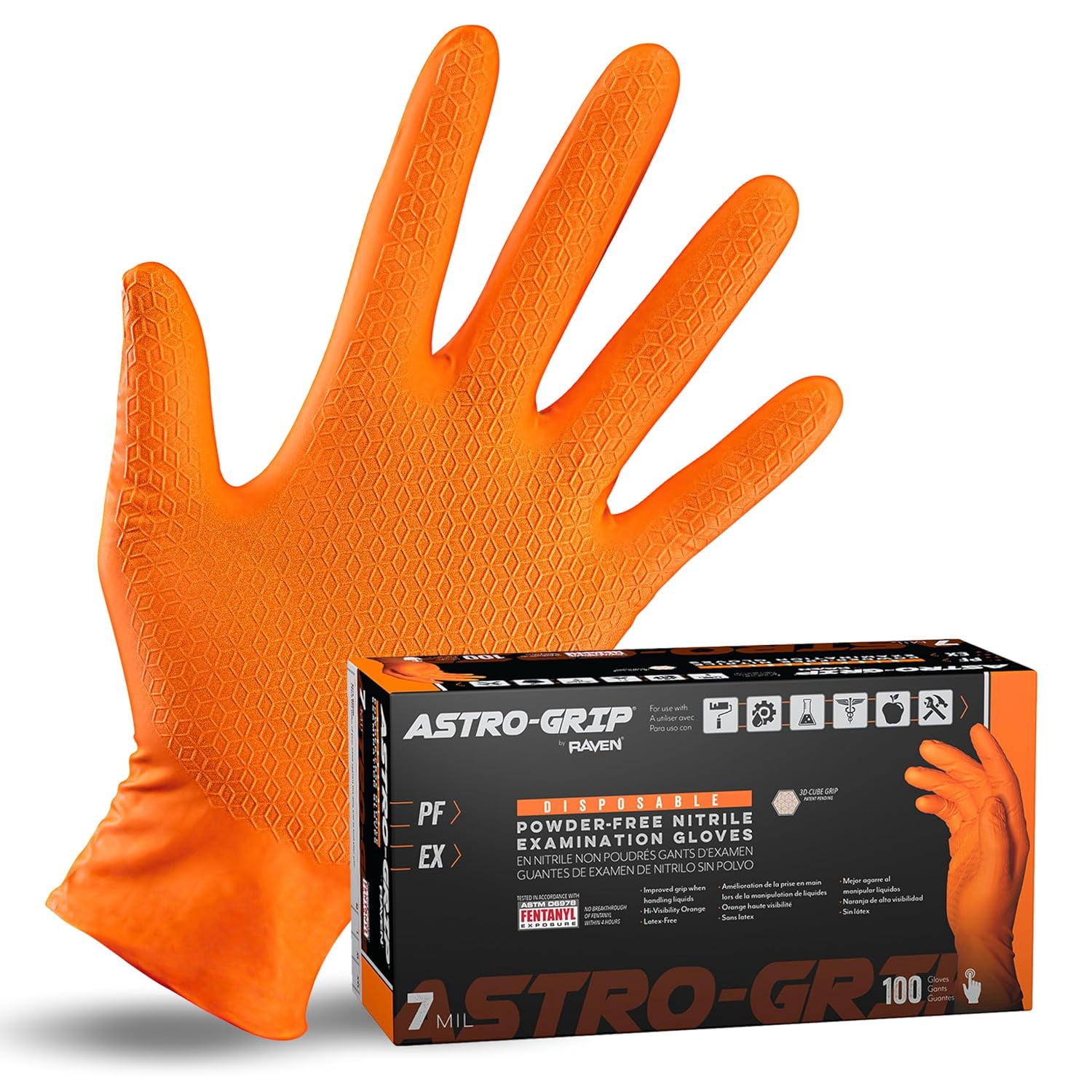 SAS Astro-Grip Nitrile Gloves - 10 Boxes, 1000 Gloves Total, Large Orange 7 Mil, Chemical Resistant