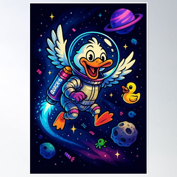 Astro-Quack: Flight Of The Feathernaut Poster Wall Art, Modern Wall Decor, 16x24 UNFRAMED