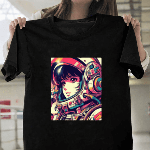 Astro Retro Girl Version 1950s Future Vintage Space Style Gal Unisex T-Shirt, up to size 3XL.
