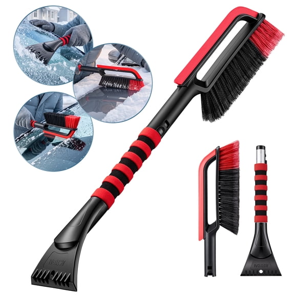 AstroAI 27" Snow Brush with Ice Scraper & Silicone Squeegee, 3-in-1 Detachable Snow Removal Tool, Aluminum Cleaner & Ice Remover, Winter Accessories for Auto Cars, SUVs, Trucks, Red