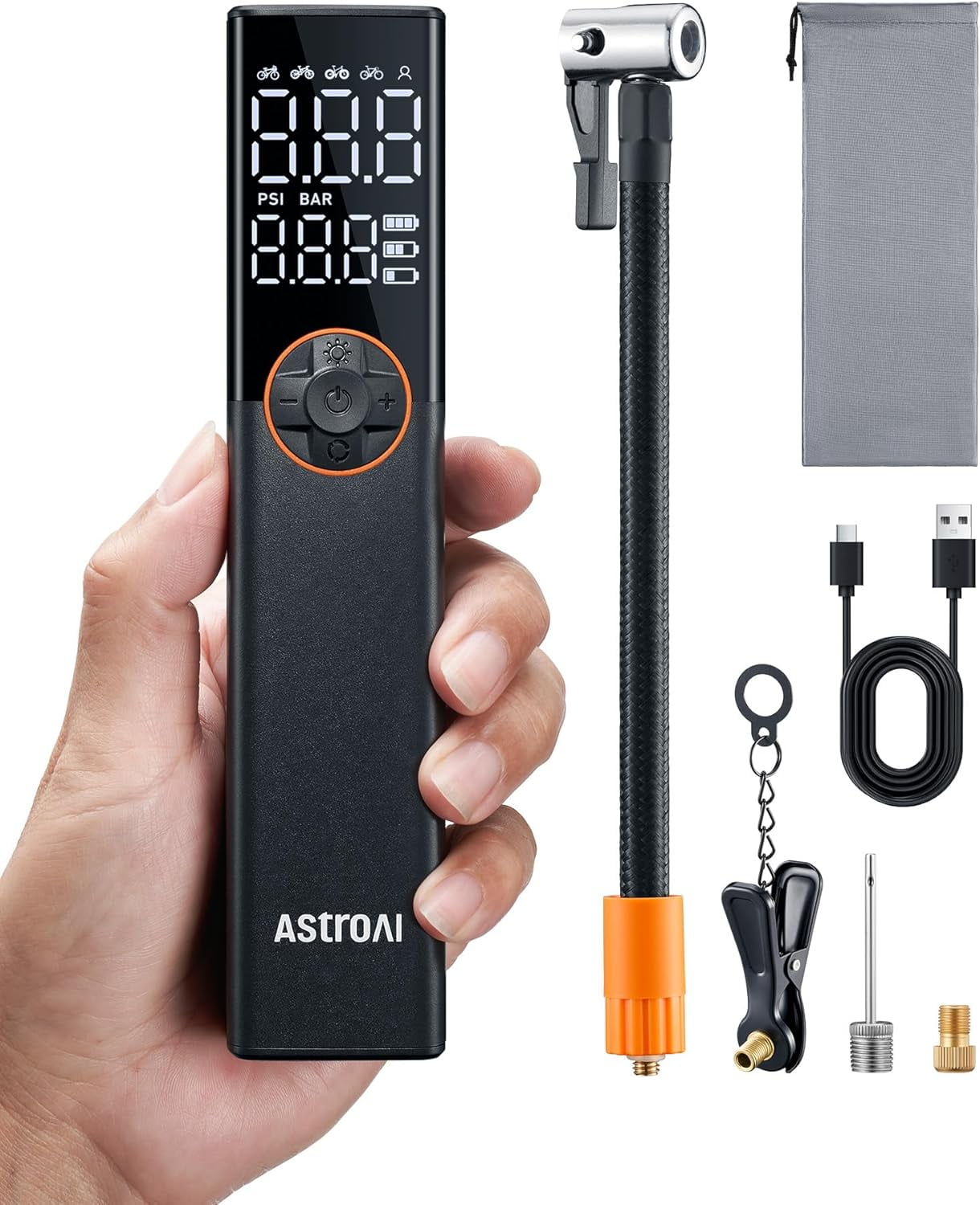 AstroAI Bicycle Pump Electric Air Pump, 150 PSI Mini Portable Battery Bicycle Pump All Valves, High Voltage Motor Specially for Bicycle, Rechargeable for City Bike, Road Bike, Mountain Bike, E-Bike