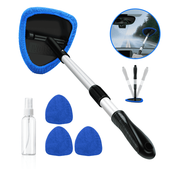 AstroAI Car Wash Brush, Windshield Cleaner Wand, Glass Cleaning Mop Kit, Handle Cleaner Tool with Spray Bottle for Car Window, Blue, for Gift