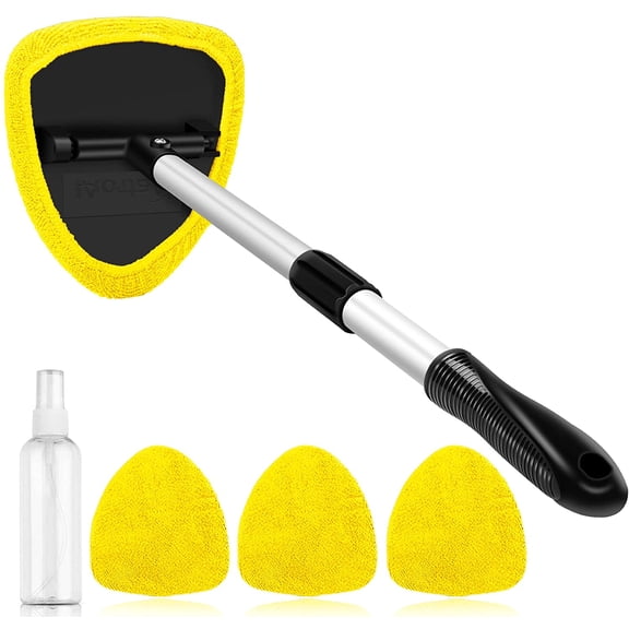 AstroAI, Car Window Cleaner, Microfiber Car Windshield Cleaning Tool with Extendable Handle and Washable Reusable Cloth Pad Head Auto Interior Exterior Glass Wiper Kits, Yellow