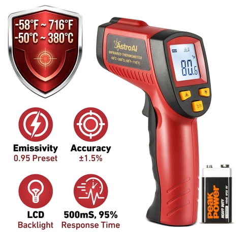 AstroAI Infrared Thermometer 380, No Touch Digital Laser Temperature Gun with LCD Screen -58°F~716°F(-50°C~380°C, Cooking/BBQ/Grill/Pizza Oven/Car Engine/Home Repair/Swimming Pool/HVAC/Kitchen (Red)