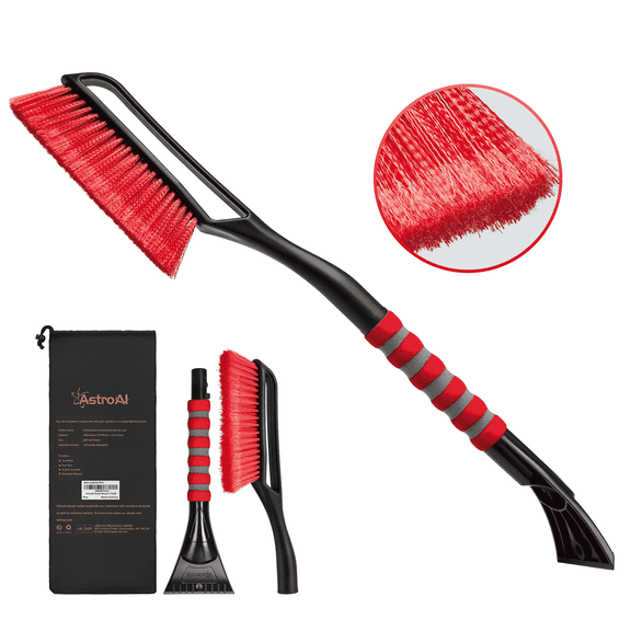 AstroAI Ice Scraper and Detachable Snow Brush for Car Windshield, Snow Scraper Broom with Foam Grip, Red, 1 Pack