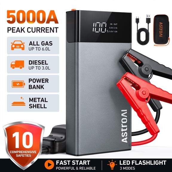 AstroAI Car Jump Starter, 5000A Peak 12V Auto Battery Booster Pack & Power Bank, LED Screen, Metal Shell, Emergency Jumper Box with LED Light, EVA Storage Bag for up to 6L Gas and 3L Diesel Engines