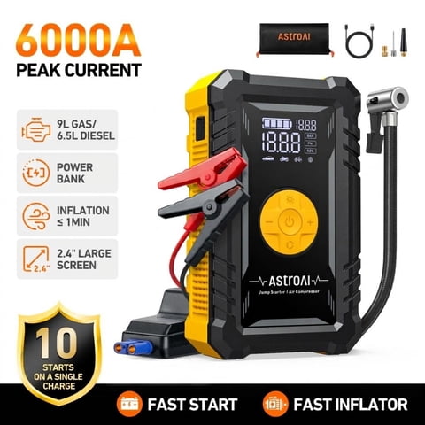AstroAI 6000A Jump Starter with Air Compressor, 12V Jump Box Car Battery Booster Pack 9L Gas/6.5L Diesel, 150PSI Auto-Off Tire Inflator 2.4" Large Screen, Power Bank, LED Light, Gift